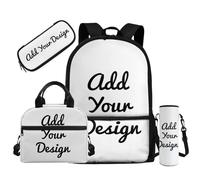 Dolyues Mochila negra de 4 piezas para niños de 6 a 14 años con lonchera y funda para botella de agua, color negro, Añade tu diseño