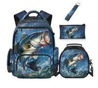 Dolyues Mochila para la escuela con fiambrera, mochila de 5º grado para niños de primaria, 4 en 1, bolsas geniales para libros de 8 a 10 años, Peces, Mochilas daypack