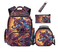 Dolyues Mochila para la escuela con fiambrera, mochila de 5º grado para niños de primaria, 4 en 1, bolsas geniales para libros de 8 a 10 años, lobo, Mochilas daypack