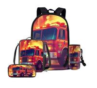 Dolyues Mochila para niños de 6 a 14 años, con lonchera, estuche para lápices y funda para botella de agua, 4 piezas para la escuela casual, Bomberos