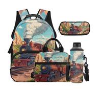 Dolyues Paquete de 4 mochilas con fiambrera, mochilas escolares para niños de 8 a 10 años con soporte para botella de agua, Cartoon Train, Mochilas daypack