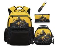 Dolyues Paquete de 4 mochilas de dinosaurio con lonchera para niños de 4º grado para el regreso a la escuela para niños de primaria de 8 a 10 años, Excavator Amarillo Negro, Mochilas daypack