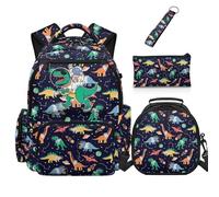 Dolyues Paquete de 4 mochilas de dinosaurio con lonchera para niños de 4º grado para el regreso a la escuela para niños de primaria de 8 a 10 años, Dinosaurio astronauta, Mochilas daypack