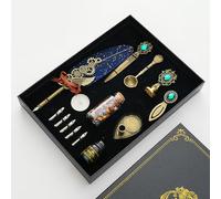 Domary Juego de Pluma y Tinta Vintage, Pluma de Metal Elegante con Soporte | Juego de Pluma de Inmersión con 12 Puntas de Repuesto, Tinta de 10 Ml, Cuentas de Cera, Sello, Abrecartas, Vela, Kit de