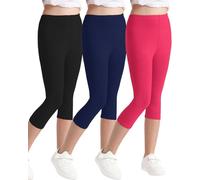 Domee Leggings 3/4 Cortas Pantalón Algodón Verano Deporte Niña 3 Pack, Negro Marino Rosa 10-11 años (Talla del Fabricante: 150)