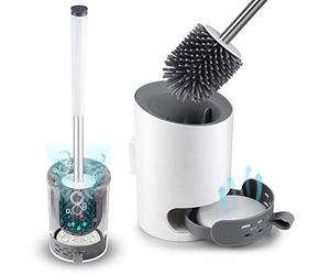 Domi-patrol Escobilla de inodoro con soporte para montaje en pared, cepillo de inodoro moderno mejorado y soporte, juego de cepillo de inodoro de baño de cerdas de silicona con alfombrilla de