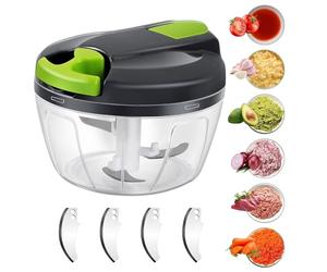 Domkan Cortador de Cebolla Manual de 520 ml con 3 Cuchillas de Acero Inoxidable, 5 Cuchillas Extra y 1 Batidora, Cortador de Cebolla con Disco Verde