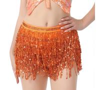 Domkier Falda con Flecos de Lentejuelas para Mujer, Faldas con borlas Brillantes, para Danza del Vientre, Bufanda de Cadera para Mujeres y niñas, Disfraz de Fiesta Rave, A-Naranja, M-L