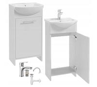 DomoDomo Armario de baño con lavabo de 45 cm blanco brillante - juego con grifo cromo, sifón y corcho, clic-klak, de pie 84 x 45 cm, lavabo de cerámica
