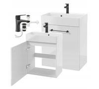 DomoDomo - Armario para debajo del lavabo colgante 60 x 50 cm, color blanco brillante, con lavabo y grifo, armario de baño montado, 30 cm de profundidad, cierre suave, juego completo con sifón y