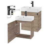 DomoDomo - Armario para debajo del lavabo colgante 60 x 50 cm con lavabo y grifo, armario de baño montado, decoración de roble Rockford, 30 cm de profundidad, cierre suave, juego completo con sifón y