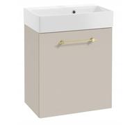 DomoDomo - Armario para debajo del lavabo de 60 cm de ancho para colgar - Armario de baño de cachemira mate - con lavabo - Puerta de cierre suave, mango dorado, estilo glamour