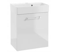 DomoDomo - Armario para debajo del lavabo de 60 cm de ancho para colgar - Mueble bajo baño blanco brillante - Con lavabo, puerta de cierre suave - Mueble de baño para baño pequeño, mango cromado