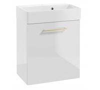 DomoDomo - Armario para debajo del lavabo de 60 cm de ancho para colgar - Mueble bajo baño blanco brillante - con lavabo - Puerta de cierre suave, mango dorado, estilo glamour