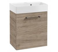 DomoDomo - Armario para debajo del lavabo de 60 cm de ancho para colgar - Mueble bajo baño Roble Rockford - Con lavabo, cierre suave - Mueble de baño para baño pequeño, mango negro