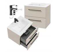 DomoDomo Deftrans - Lavabo con armario bajo colgante de 60 cm - Mueble bajo baño pequeño moderno - Juego completo de lavabo para invitados - Armario de lavabo de cachemira con grifo negro