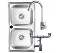 DomoDomo - Fregadero de cocina de acero inoxidable 78 x 43 cm - Fregadero empotrado de acero inoxidable 2 cuencas - Fregadero con juego de grifería - Sifón cocina con conexión para electrodomésticos