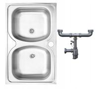 DomoDomo - Fregadero de cocina de acero inoxidable 80x50 cm - fregadero doble sin escurridor, encastrable con orificio para grifo y sifón, fregadero de 2 cubetas