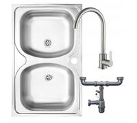 DomoDomo - Fregadero doble, sobreencimera, fregadero de 2 cubetas, acero inoxidable 80x50 cm + orificio para grifo + mezclador + sifón
