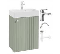 DomoDomo - Lavabo con armario de 50 cm colgante - Mueble de baño en color verde eucalipto con lavabo - Juego de baño compacto con grifo - Lavabo de invitados con armario bajo moderno