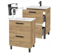 DomoDomo - Mueble bajo lavabo de 60 cm con lavabo y cajones - Juego de muebles de baño de pie o colgado, mueble bajo baño efecto madera roble dorado, incluye grifo, sifón y click-clac