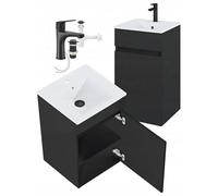 DomoDomo - Mueble de baño colgante con lavabo de 45 cm - Armario de baño estrecho moderno con espacio de almacenamiento - Armario colgante pequeño con puerta - Estante de baño colgante negro con