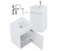 DomoDomo - Mueble de baño colgante de 45 cm blanco con lavabo y grifo - Pequeño armario de baño estrecho con espacio de almacenamiento - Armario colgante moderno con puerta y estantes - Juego de