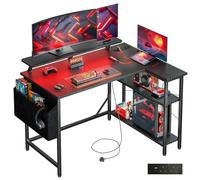 DOMSHOCT Escritorio para juegos en forma de L con luces LED y tomas de corriente, mesa pequeña de esquina para computadora de 100 x 80 cm con bolsa de almacenamiento, estantes ajustables y soporte