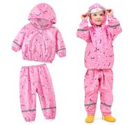 Domueay Chubasquero Niño Ligero Conjunto Impermeable con Capucha y Reflectante Rosa Unicornio Estampado Chaqueta Lluvia & Pantalones Traje de Lluvia Abrigos, Exteriores Ropa para 5-6 años