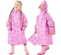 Domueay Chubasquero para Niñas Poncho Impermeable Ligero Lindos Unicornio Poncho de Lluvia con Capucha y Rayas Reflectantes Plegable Reutilizable Chaqueta Impermeable 9-12 años, Rosa