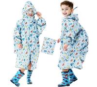 Domueay Chubasquero para Niños Poncho Impermeable Ligero Lindos Dinosaurio Poncho de Lluvia con Capucha y Rayas Reflectantes Plegable Reutilizable Chaqueta Impermeable 7-9 años, Azul claro