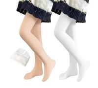 Domueay Niñas Térmicas Medias con Forro Polar, 2 pares, Suaves y Elegantes Mallas con pies Opacas de Invierno, Elásticas Pantis Ballet Danza Uniforme escolar para 6-8 años, Blanco & Piel