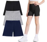 Domueay Shorts Pantalones Niñas, Cortos de Ciclismo Leggings Algodón Pack de 3, Elástica Mallas Cortas Transpirable Deporte Correr Danza Verano Short Pantalón 9-10 Años, Negro Gris Marino