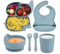 Domueay Vajilla Bebe de Silicona con Plato Ventosa Cuenco Tenedor y Cuchara Vaso Aprendizaje y Babero, 6 Piezas Robusto Elefante Vajilla Infantil Libre BPA, Dia de la Madre, Azul