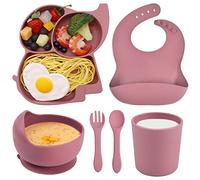 Domueay Vajilla Bebe de Silicona con Plato Ventosa Cuenco Tenedor y Cuchara Vaso Aprendizaje y Babero, 6 Piezas Robusto Elefante Vajilla Infantil Libre BPA, Rosa