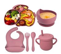 Domueay Vajilla Bebe Silicona con Ventosa Plato Cuenco Cuchara Tenedor Tazas Babero Set sin BPA,6 Piezas Antideslizante Compartimentos Aprendizaje Kit Vajilla para Infantil Niños,Rosa Conejo