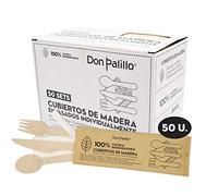 DON PALILLO - 50 Sets de Cubiertos de Madera Desechables envasados en Papel Kraft. Cada Set Contiene 1 Tenedor + 1 Cuchillo + 1 Cuchara + 1 servilleta de Papel + 1 palillo env. Ind. Total 50 Sets