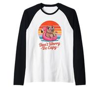 Don’t Worry Be Capy Capybara Flamingo Retro Sunset Summer Camiseta Manga Raglan