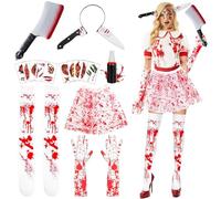 DONCOO Conjunto de Halloween Falda Sangrienta con Calcetines de Sangre, Guantes, cuchillo, plasma y tatuaje pegatinas, Disfraz Halloween Mujeres con Estampado de Sangre para Favores de Fiesta