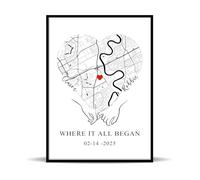 Donde Todo Comenzó - Impresión Personalizada de Mapa de Amor con Corazón, Regalo Personalizado de Aniversario para Parejas, Póster de Arte de Pared para Pedida de Mano y Boda
