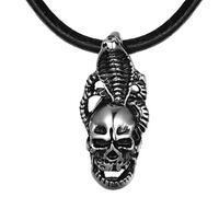 DonDon Collar de Cuero 50 cm para Hombre y Colgante Calavera de Acero Inoxidable en Bolsa de Regalo