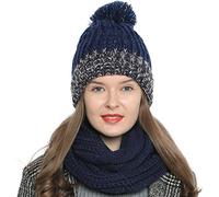 DonDon Mujer Gorro de invierno Gorro de punto forrado caliente y suave con pompón - Azul Blanco Marrón