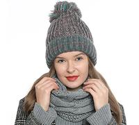 DonDon Mujer Gorro de invierno Gorro de punto forrado caliente y suave con pompón - Gris Rosa Turquesa