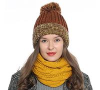 DonDon Mujer Gorro de invierno Gorro de punto forrado caliente y suave con pompón - Marrón Amarillo Blanco
