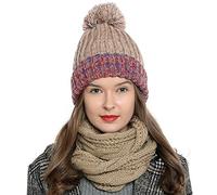 DonDon Mujer Gorro de invierno Gorro de punto forrado caliente y suave con pompón - Marrón Rojo Azul