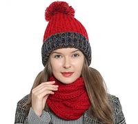 DonDon Mujer Gorro de invierno Gorro de punto forrado caliente y suave con pompón - Rojo Azul Beige