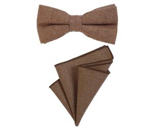 DonDon Pajarita para caballero 12 x 6 cm, atada y de tamaño ajustable, y pañuelo de bolsillo de 23 x 23 cm a juego de algodón marrón claro