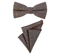 DonDon Pajarita para hombres de 12 x 6 cm con pañuelo de bolsillo de color combinable de 23 x 23 cm, ambos de algodón con look tweed a cuadros Marrón