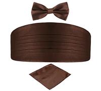 DonDon Set de tres piezas Caballero Faja de esmoquin Pajarita Pañuelo de bolsillo Color a juego Espléndido para ceremonias y ocasiones especiales - Marrón