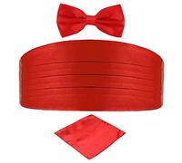DonDon Set de tres piezas Caballero Faja de esmoquin Pajarita Pañuelo de bolsillo Color a juego Espléndido para ceremonias y ocasiones especiales - Rojo